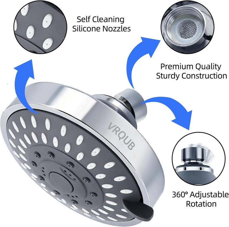 VRQUB High Pressure Fixed Showerheads,5-Mode High Flow Fixed Showerheads,4inch Rain Shower Heads with adjustable Metal Swivel Ball Jiont - Image 3